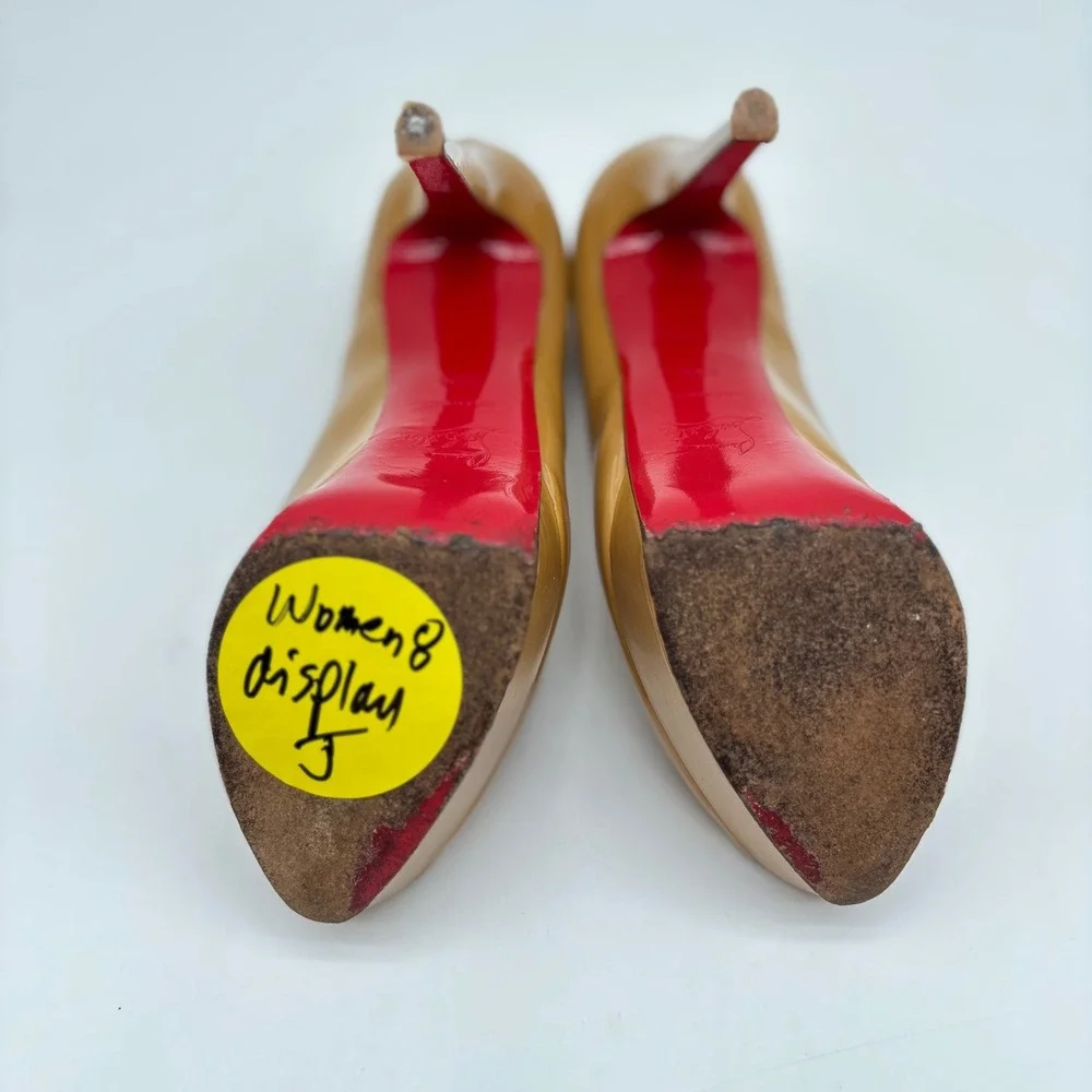 Christian Louboutin Lady Peep 150 Patent Leather Platform Pumps Tan Camel 38.5